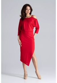 Lenitif - Asymetryczna sukienka z kimonowym rękawem czerwona. Okazja: na co dzień. Kolor: czerwony. Materiał: tkanina. Typ sukienki: asymetryczne. Styl: casual #4