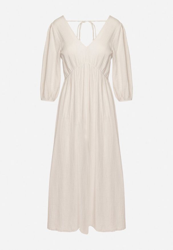 Born2be - Beżowa Rozkloszowana Bawełniana Sukienka Boho z Wiązaniem i Gumką w Talii Lawla. Okazja: na co dzień. Typ kołnierza: dekolt w kształcie V. Kolor: beżowy. Materiał: bawełna. Typ sukienki: rozkloszowane. Styl: boho