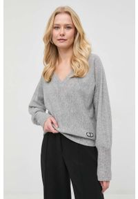 TwinSet - Twinset sweter wełniany damski kolor szary lekki. Okazja: na co dzień. Kolor: szary. Materiał: wełna. Długość rękawa: raglanowy rękaw. Styl: casual #1
