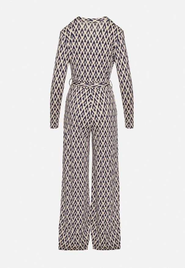 Born2be - Niebieski Kombinezon Ozdobiony Geometrycznym Wzorem z Wiązanym Paskiem Palenori. Okazja: na co dzień. Kolor: niebieski. Długość rękawa: długi rękaw. Długość: długie. Wzór: geometria, aplikacja. Styl: klasyczny, casual