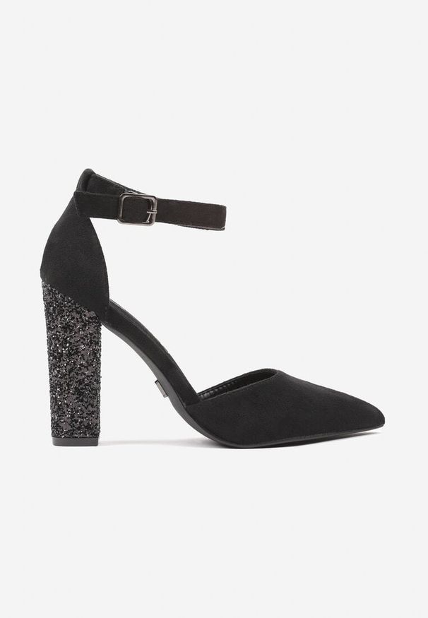 Born2be - Czarne Czółenka Vices na Brokatowym Obcasie Zapinane Wokół Kostki Izaditia. Nosek buta: szpiczasty. Kolor: czarny. Materiał: jeans. Obcas: na obcasie. Styl: elegancki. Wysokość obcasa: średni
