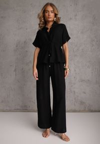 Renee - Czarny Komplet z Wiskozy Spodnie Wide Leg i Bluzka ze Ściągaczem w Talii Daemnell. Kolor: czarny. Materiał: wiskoza #4