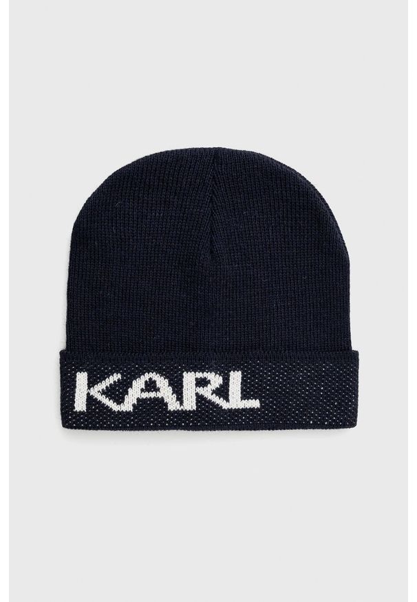 Karl Lagerfeld Czapka 512322.805601 kolor granatowy z cienkiej dzianiny z domieszką wełny. Kolor: niebieski. Materiał: wełna, dzianina