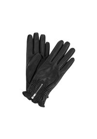 Ochnik - Skórzane rękawiczki damskie ze ściągaczem. Kolor: czarny. Materiał: skóra. Wzór: aplikacja. Styl: klasyczny, elegancki