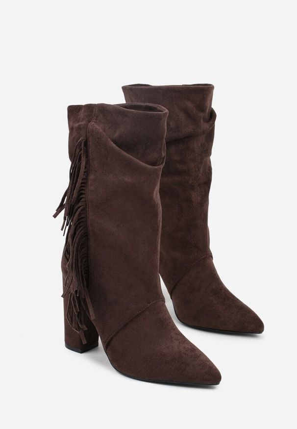 Born2be - Brązowe Botki w Stylu Kowbojek na Obcasie Ozdobione Frędzlami Reitania. Okazja: na co dzień. Kolor: brązowy. Materiał: jeans. Wzór: aplikacja. Obcas: na obcasie. Styl: klasyczny, casual. Wysokość obcasa: średni