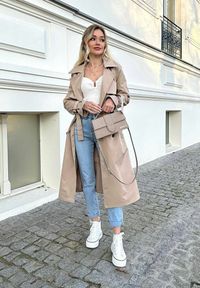 Renee - Beżowy Płaszcz Długi Trencz z Paskiem Antroshi. Typ kołnierza: kolnierz wykładany. Kolor: beżowy. Długość: długie. Sezon: jesień, wiosna #5