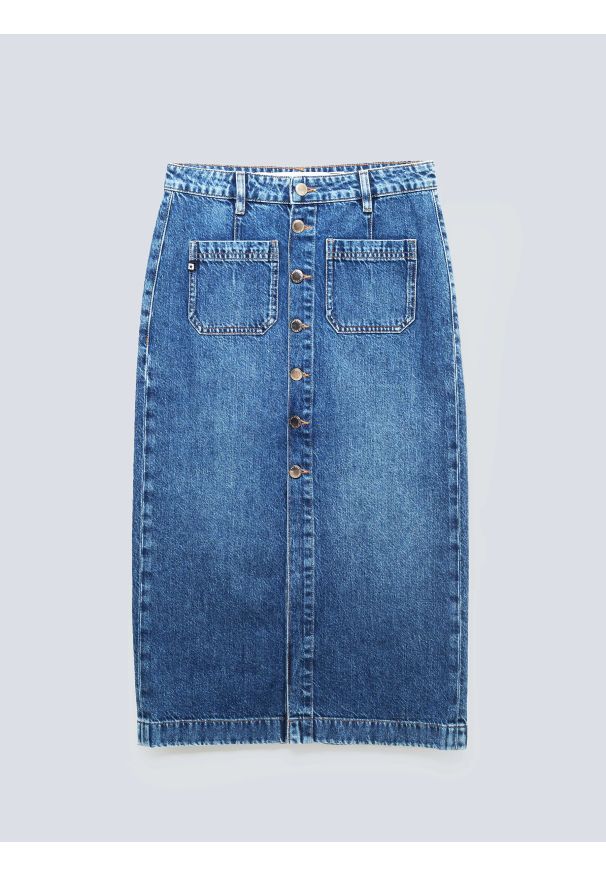 Big-Star - Spódnica damska midi jeansowa granatowa Gaia 627. Okazja: na co dzień. Stan: podwyższony. Kolor: niebieski. Materiał: jeans. Styl: casual, klasyczny, elegancki