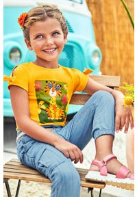 Mayoral t-shirt bawełniany dziecięcy kolor pomarańczowy. Okazja: na co dzień. Kolor: pomarańczowy. Materiał: bawełna. Wzór: nadruk. Styl: casual