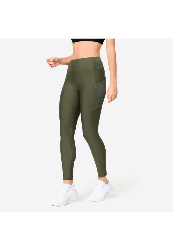 DOMYOS - Legginsy fitness damskie Domyos. Stan: podwyższony. Kolor: wielokolorowy, brązowy, zielony. Materiał: poliester, materiał, elastan. Sport: fitness