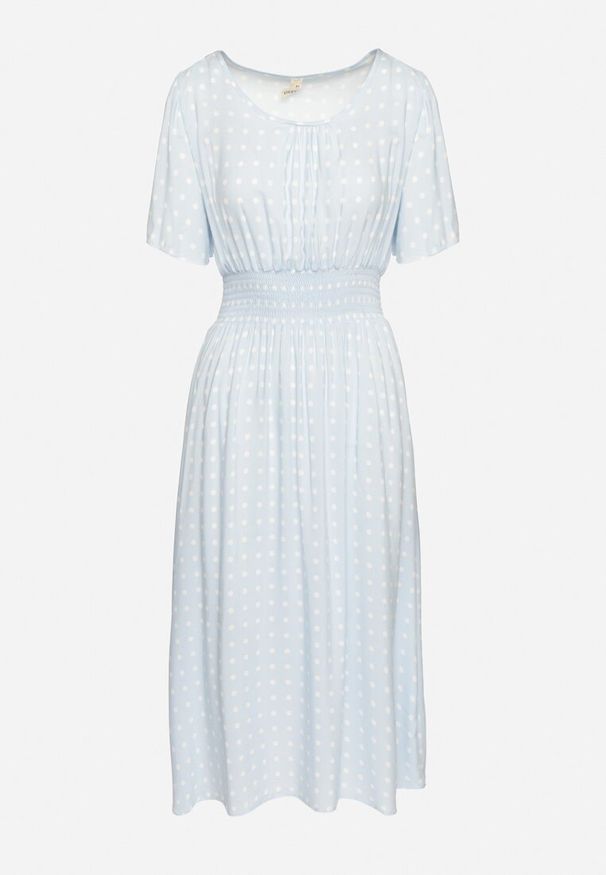 Born2be - Jasnoniebieska Sukienka z Bawełny Rozkloszowana w Kropki Toliennea. Okazja: na co dzień. Kolor: niebieski. Materiał: bawełna. Wzór: kropki. Styl: casual