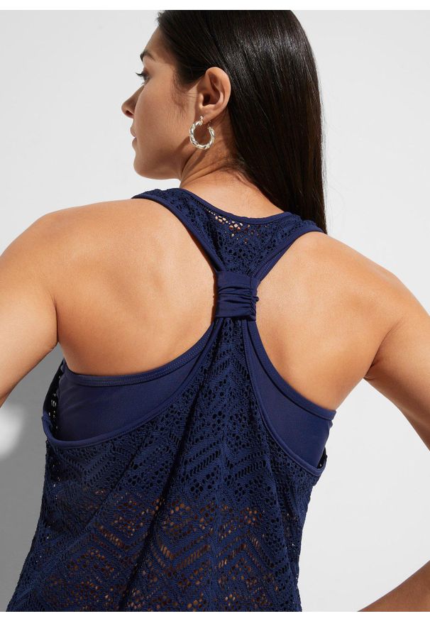 bonprix - Tankini (2 części). Kolor: niebieski. Materiał: koronka, materiał. Wzór: koronka