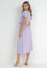 Born2be - Fioletowa Sukienka Midi z Wiskozy z Gumką w Pasie i Materiałowym Paskiem Aricia. Okazja: na randkę, na uczelnię. Kolor: fioletowy. Materiał: materiał, wiskoza. Długość: midi #2