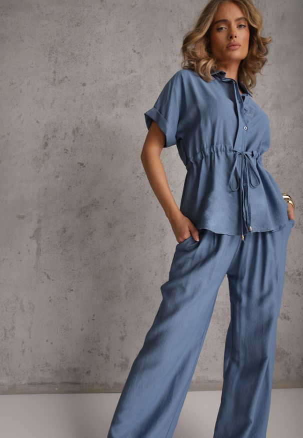 Renee - Niebieski Komplet z Wiskozy Spodnie Wide Leg i Bluzka ze Ściągaczem w Talii Daemnell. Kolor: niebieski. Materiał: wiskoza