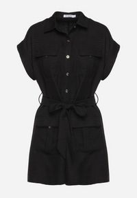 Born2be - Czarny Krótki Kombinezon z Zapinany na Guziki z Wiązaniem w Talii Senadea. Kolor: czarny. Długość rękawa: krótki rękaw. Długość: krótkie #6