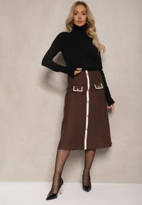 Renee - Brązowa Spódnica High Waist z Guzikami Imitacją Kieszeni i Gumką w Pasie Melorana. Stan: podwyższony. Kolor: brązowy. Materiał: dzianina. Sezon: zima #1