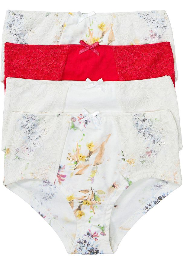 bonprix - Figi maxi panty (4 pary), z bawełny organicznej. Kolor: biały. Materiał: bawełna. Wzór: koronka