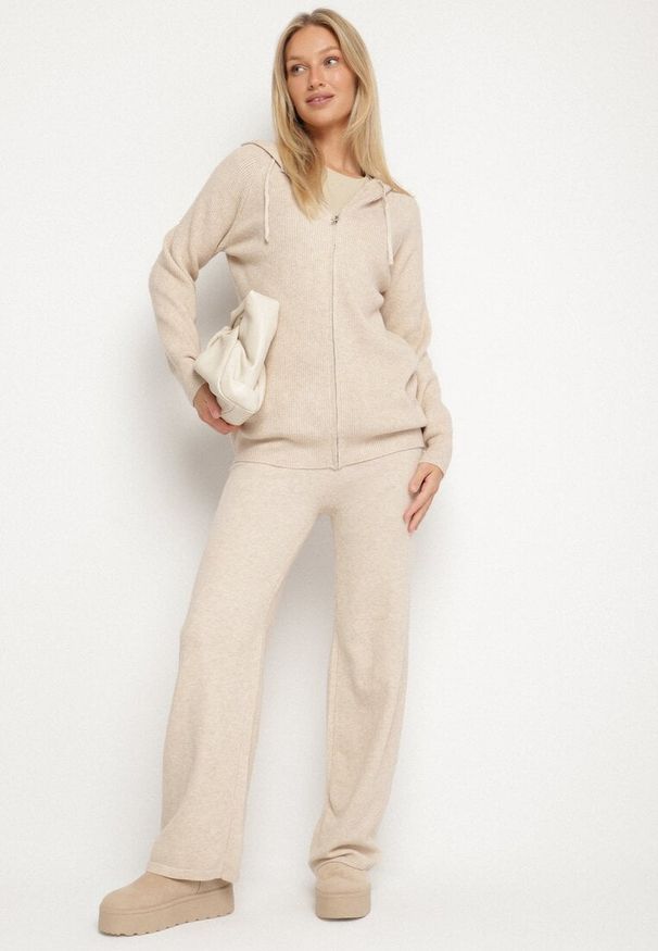 Born2be - Beżowy Komplet Dzianinowy z Wełną Bluza z Kapturem i Szerokie Spodnie Otisela. Kolor: beżowy. Materiał: wełna, dzianina