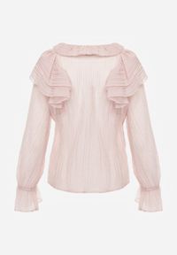 Renee - Różowa Bluzka z Lyocellem w Stylu Boho z Wiązaniem pod Szyją i Falbanami Tasimi. Okazja: na co dzień. Kolor: różowy. Materiał: jeans. Styl: boho #2