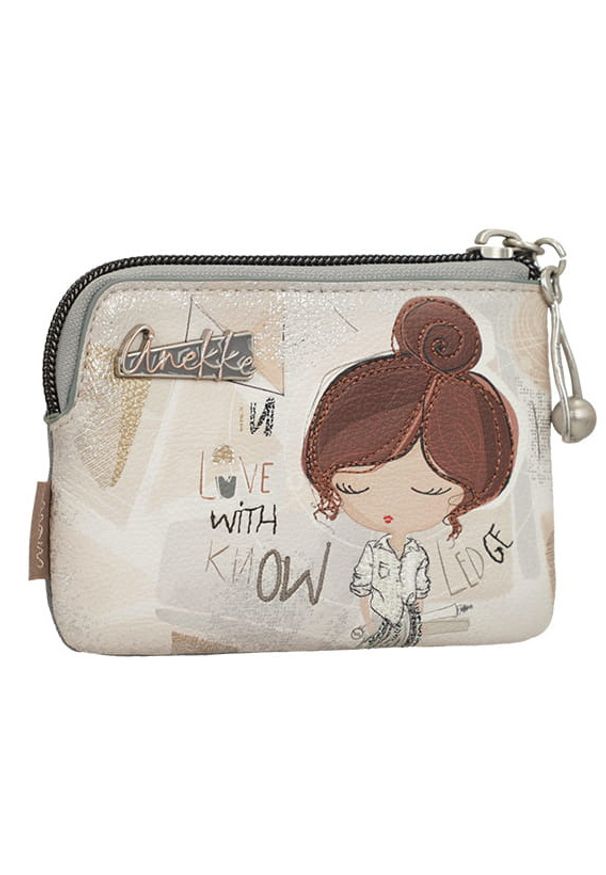 Portfel damski Anekke, z ozdobnym nadrukiem i metalowym logo zapinany na zamek błyskawiczny idealny na monety karty i drobne dokumenty kompaktowy for. Kolor: szary. Wzór: nadruk