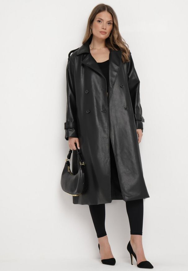 Born2be - Czarny Dwurzędowy Płaszcz Wiązany w Pasie z Kieszeniami Asella. Okazja: na co dzień. Kolor: czarny. Materiał: jeans. Styl: casual, elegancki, klasyczny