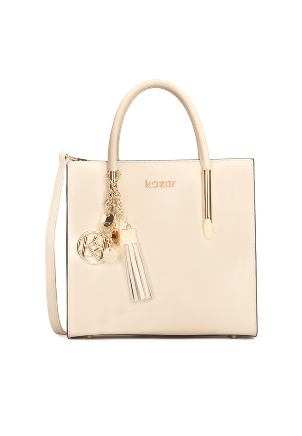 Kazar - Skórzana torebka o regularnym kształcie. Kolor: beżowy. Materiał: skórzane. Styl: wizytowy, biznesowy, elegancki. Rodzaj torebki: na ramię