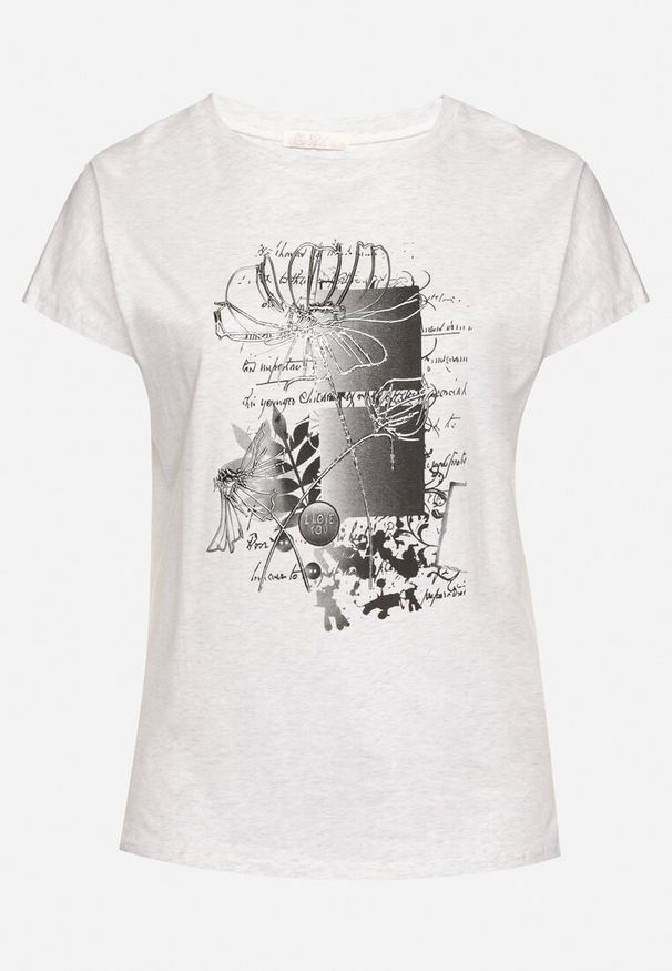 Born2be - Jasnoszary Bawełniany T-shirt z Metalicznym Nadrukiem Farilna. Okazja: na co dzień. Kolor: szary. Materiał: bawełna. Wzór: nadruk. Styl: casual