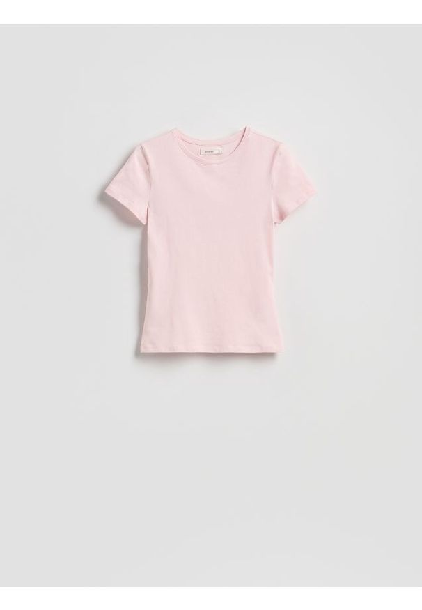 Reserved - Bawełniany t-shirt slim fit - pastelowy róż. Kolor: różowy. Materiał: bawełna