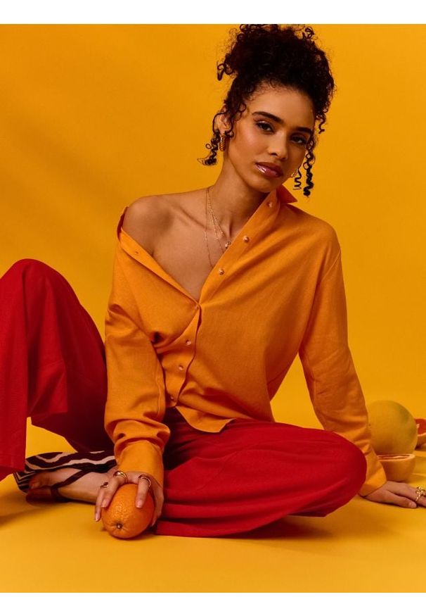 Sinsay - Spodnie wide leg z domieszką lnu - pomarańczowy. Kolor: pomarańczowy