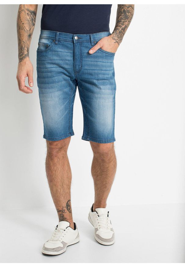 bonprix - Bermudy jeansowe ze stretchem i wzmocnionym krokiem, regular fit. Kolor: niebieski. Styl: elegancki, klasyczny