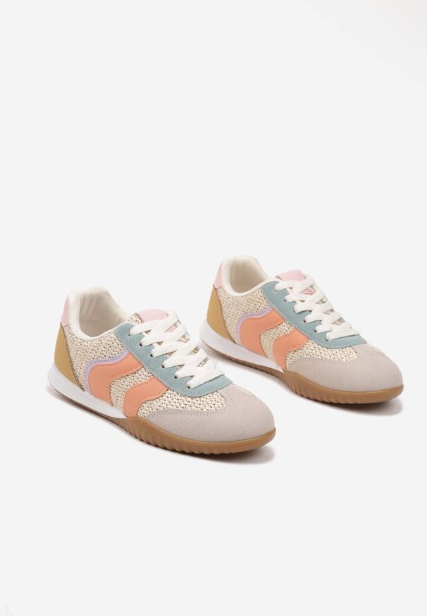 Renee - Beżowo-Pomarańczowe Sneakersy z Geometrycznym Motywem i Plecionką Laniffia. Okazja: na spacer. Kolor: beżowy. Materiał: jeans. Wzór: geometria. Sport: turystyka piesza