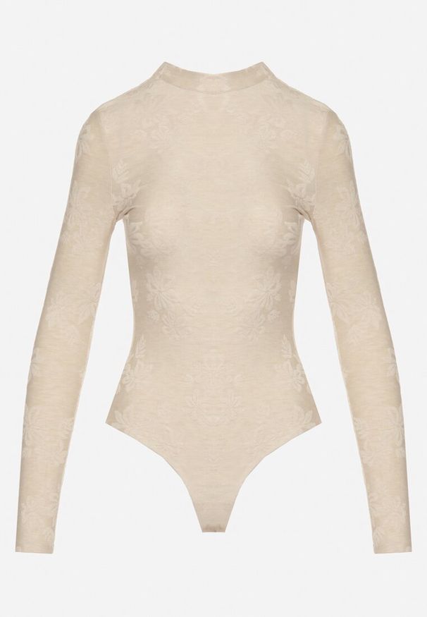 Born2be - Beżowe Body z Wiskozą ze Stójką i Tłoczonym Wzorem Ravistea. Okazja: na co dzień. Typ kołnierza: kołnierzyk stójkowy. Kolor: beżowy. Materiał: wiskoza. Długość rękawa: długi rękaw. Długość: długie. Wzór: aplikacja, kwiaty. Styl: casual, elegancki, klasyczny