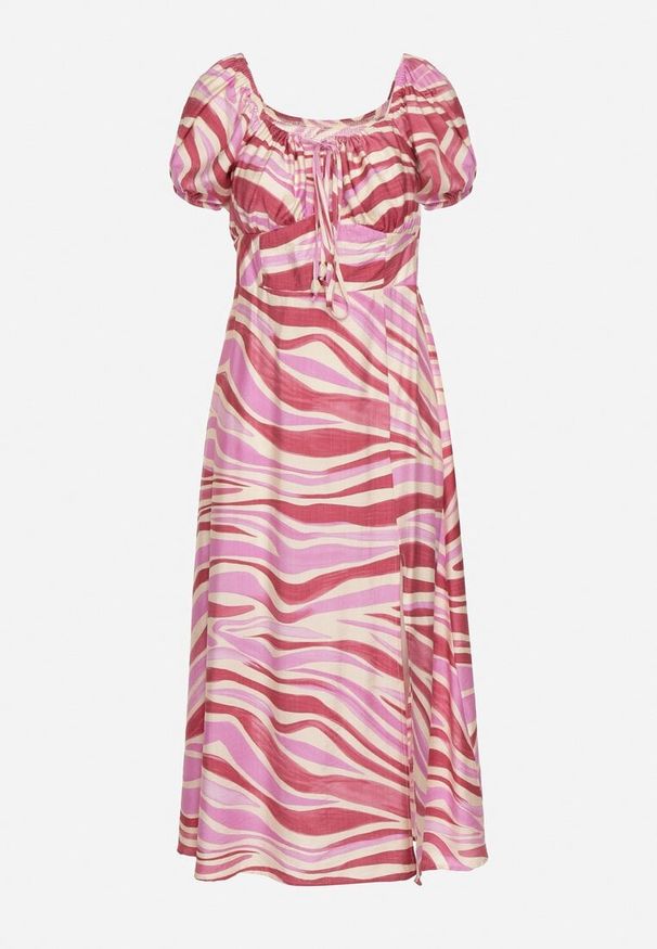 Born2be - Ciemnoróżowa Rozkloszowana Sukienka z Wiskozą i Bawełną Wykończona Gumką na Plecach Dimillia. Okazja: na co dzień. Kolor: różowy. Materiał: bawełna, wiskoza. Sezon: lato. Styl: casual, elegancki