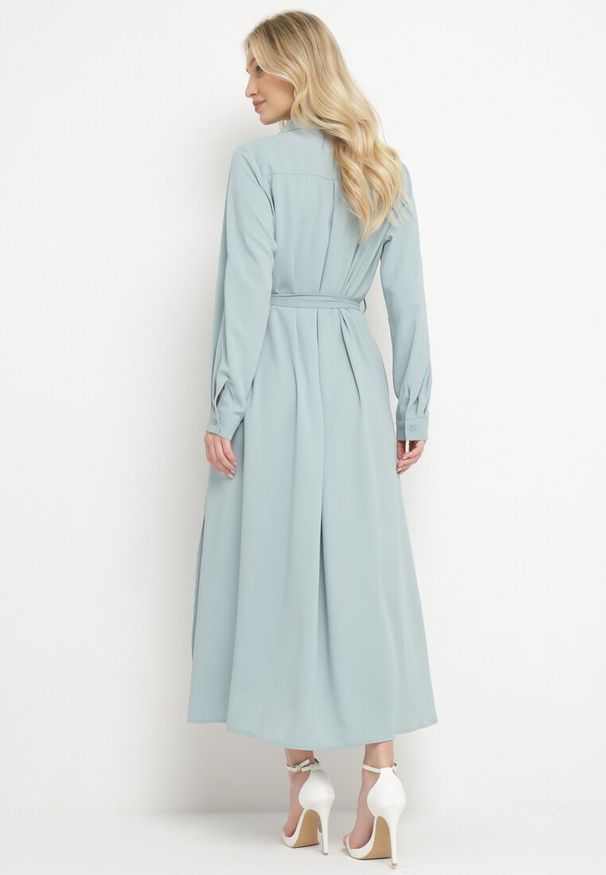 Born2be - Niebieska Rozpinana Sukienka Koszulowa z Regulowanymi Rękawami Grimoire. Kolor: niebieski. Typ sukienki: koszulowe. Styl: elegancki, wizytowy