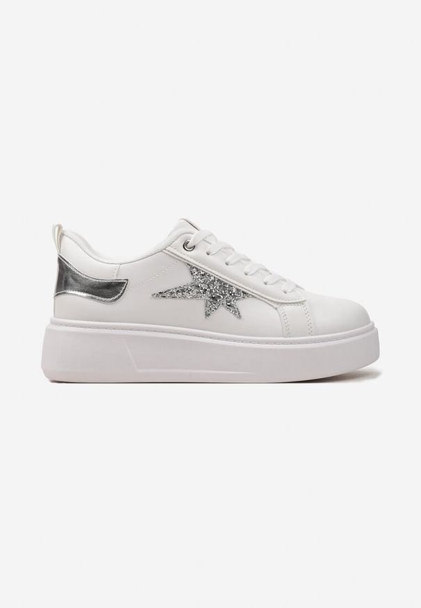 Renee - Białe Sznurowane Sneakersy na Niskiej Platformie z Brokatowymi Wstawkami Cominia. Okazja: na co dzień. Wysokość cholewki: przed kostkę. Kolor: biały. Szerokość cholewki: normalna. Wzór: aplikacja. Obcas: na platformie