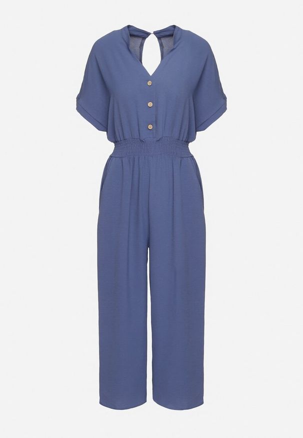 Born2be - Granatowy Wiskozowy Kombinezon o Taliowanym Kroju z Szerokimi Nogawkami Delsea. Okazja: do pracy. Kolor: niebieski. Materiał: wiskoza. Długość rękawa: krótki rękaw. Długość: krótkie. Styl: elegancki