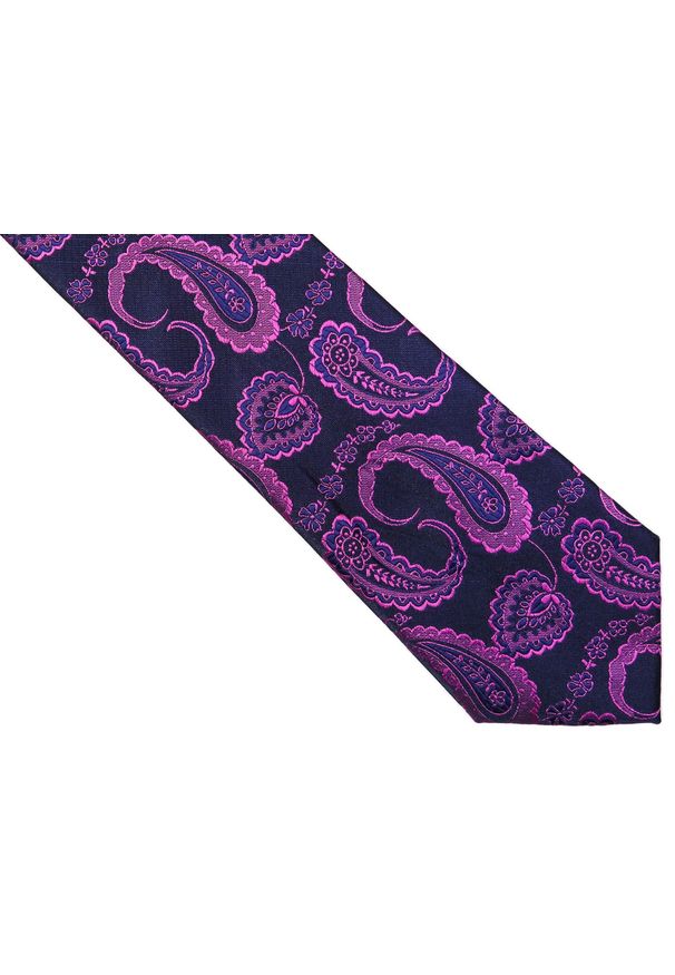 Modini - Granatowy krawat męski w różowy paisley C16. Kolor: różowy, wielokolorowy, niebieski. Materiał: mikrofibra, tkanina. Wzór: paisley