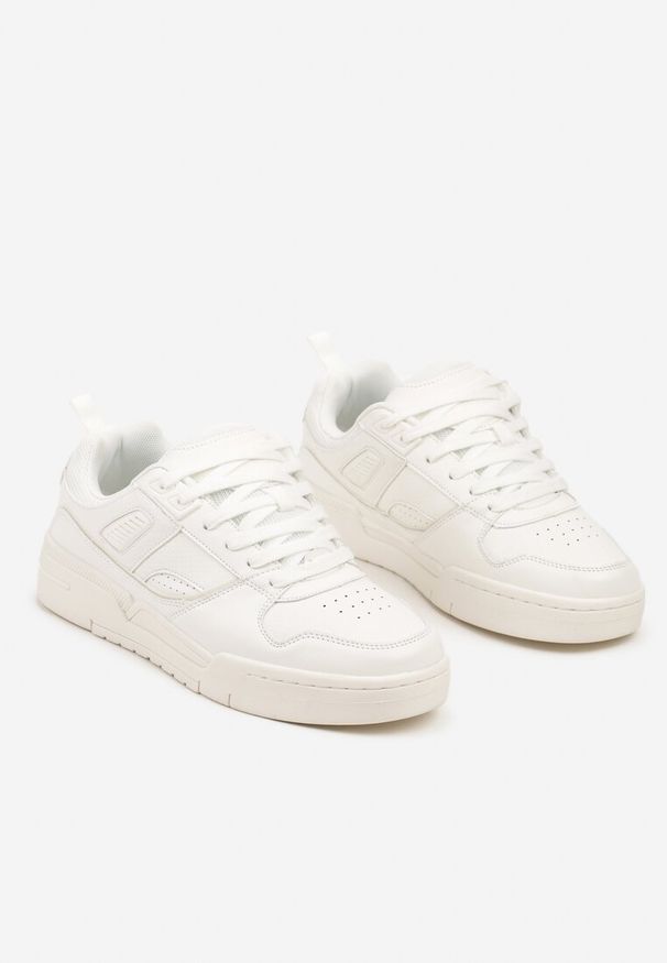 Born2be - Białe Płaskie Sznurowane Buty Sportowe Sneakersy z Geometrycznym Wzorem Eliraya. Okazja: na co dzień. Zapięcie: sznurówki. Kolor: biały. Materiał: len, jeans. Wzór: geometria. Obcas: na obcasie. Wysokość obcasa: niski