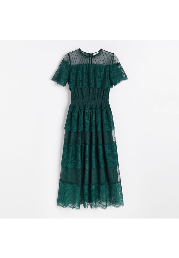 Reserved - Koronkowa sukienka midi - Turkusowy. Kolor: turkusowy. Materiał: koronka. Długość: midi