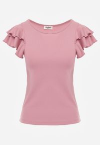 Born2be - Różowa Bawełniana Bluzka o Prostym Kroju z Krótkim Rękawem z Falbanek Himoni. Okazja: do pracy, na co dzień. Typ kołnierza: kołnierz z falbankami. Kolor: różowy. Materiał: bawełna. Długość rękawa: krótki rękaw. Długość: krótkie. Styl: elegancki, klasyczny, casual #7