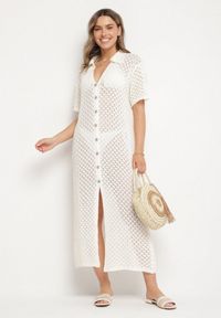 Born2be - Jasnobeżowa Siateczkowa Sukienka Koszulowa z Bawełną Folaris. Okazja: na co dzień. Kolor: beżowy. Materiał: bawełna. Sezon: lato. Typ sukienki: koszulowe. Styl: casual, elegancki #6