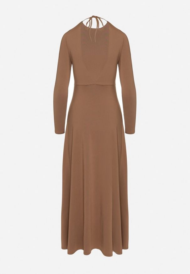 Born2be - Brązowa Rozkloszowana Sukienka z Wiskozą z Odkrytymi Plecami i Wiązaniem Irellisa. Okazja: na co dzień. Kolor: brązowy. Materiał: wiskoza. Styl: casual, elegancki