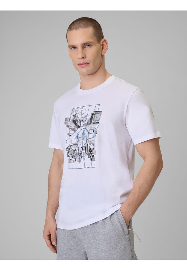 4f - 4F T-shirt regular z nadrukiem męski - biały M. Okazja: na co dzień. Kolor: biały. Materiał: dzianina, bawełna, materiał. Wzór: nadruk. Styl: klasyczny, casual