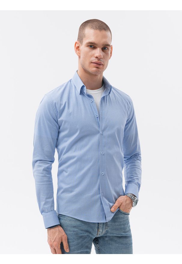Ombre Clothing - Koszula męska z długim rękawem REGULAR FIT - błękitna K614 - XXL. Okazja: do pracy, na spotkanie biznesowe, na co dzień. Kolor: niebieski. Materiał: bawełna, poliester, elastan. Długość rękawa: długi rękaw. Długość: długie. Styl: casual, klasyczny, biznesowy