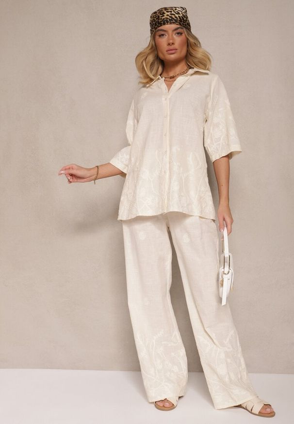 Renee - Jasnobeżowy Komplet z Bawełny Spodnie o Szerokim Kroju i Koszula Divisna. Kolor: beżowy. Materiał: bawełna