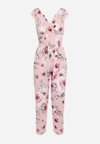 Born2be - Różowy Kombinezon w Kwiaty Wykończony Troczkami z Gumką w Talii Jalivia. Okazja: na co dzień. Kolor: różowy. Długość rękawa: na ramiączkach. Wzór: kwiaty. Sezon: wiosna, lato. Styl: casual, elegancki #2