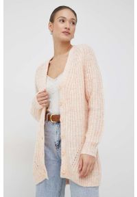 Vero Moda kardigan z domieszką wełny damski kolor pomarańczowy. Kolor: pomarańczowy. Materiał: wełna. Długość rękawa: raglanowy rękaw. Wzór: ze splotem #1