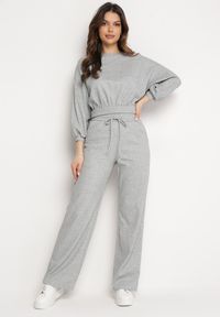 Born2be - Szary Komplet Bawełniany Spodnie Szerokie ze Sznurkiem w Pasie i Bluza ze Ściągaczami Urionne. Kolor: szary. Materiał: bawełna #4