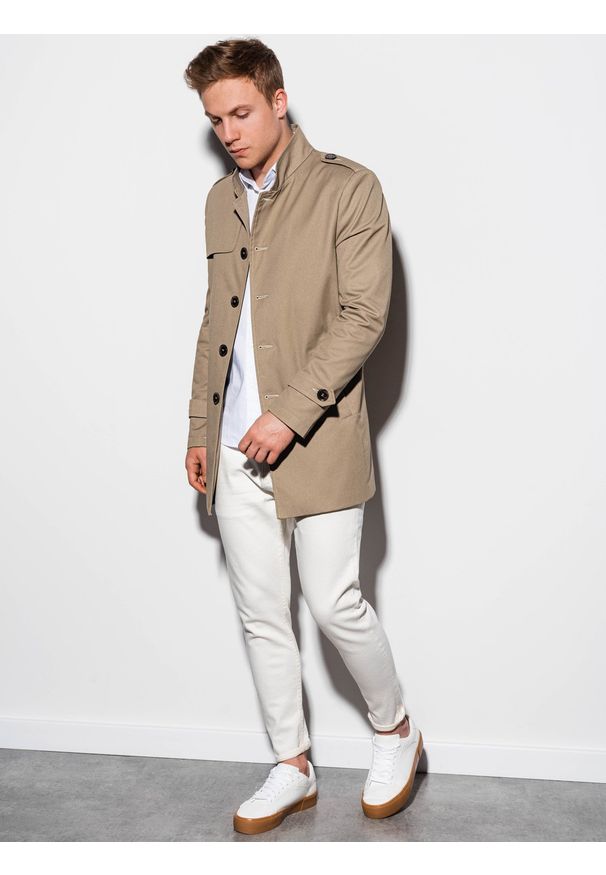 Ombre Clothing - Płaszcz męski wiosenny C269 - beżowy - XXL. Typ kołnierza: kołnierzyk stójkowy. Kolor: beżowy. Materiał: bawełna, poliester. Sezon: jesień, wiosna. Styl: elegancki