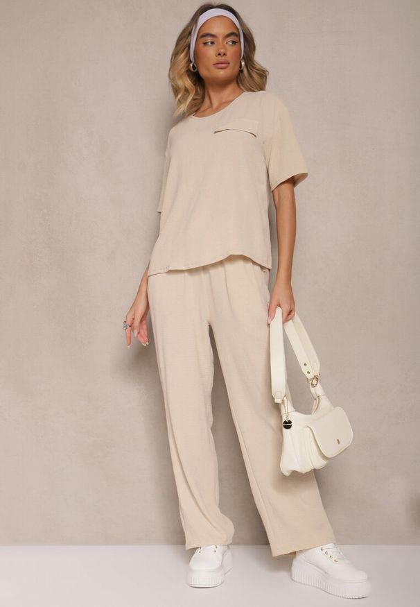 Renee - Jasnobeżowy Komplet w Stylu Oversize Utility Bluzka i Szerokie Spodnie Eviralitta. Kolor: beżowy