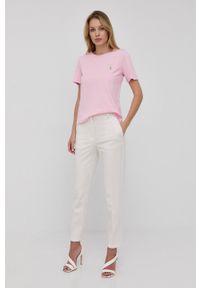 Trussardi Jeans - Trussardi t-shirt bawełniany kolor fioletowy. Kolor: fioletowy. Materiał: bawełna. Długość rękawa: krótki rękaw. Długość: krótkie. Wzór: aplikacja #5